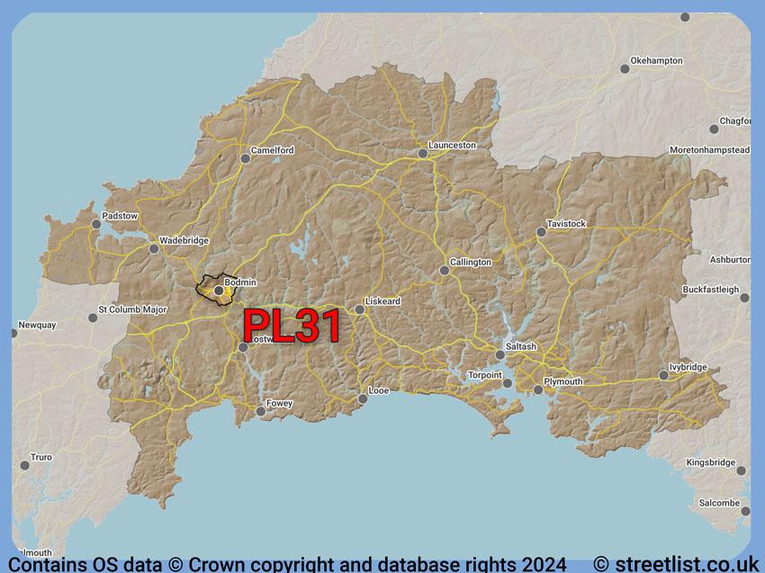 Where the PL31 postcode district lies within the wider  postcode area