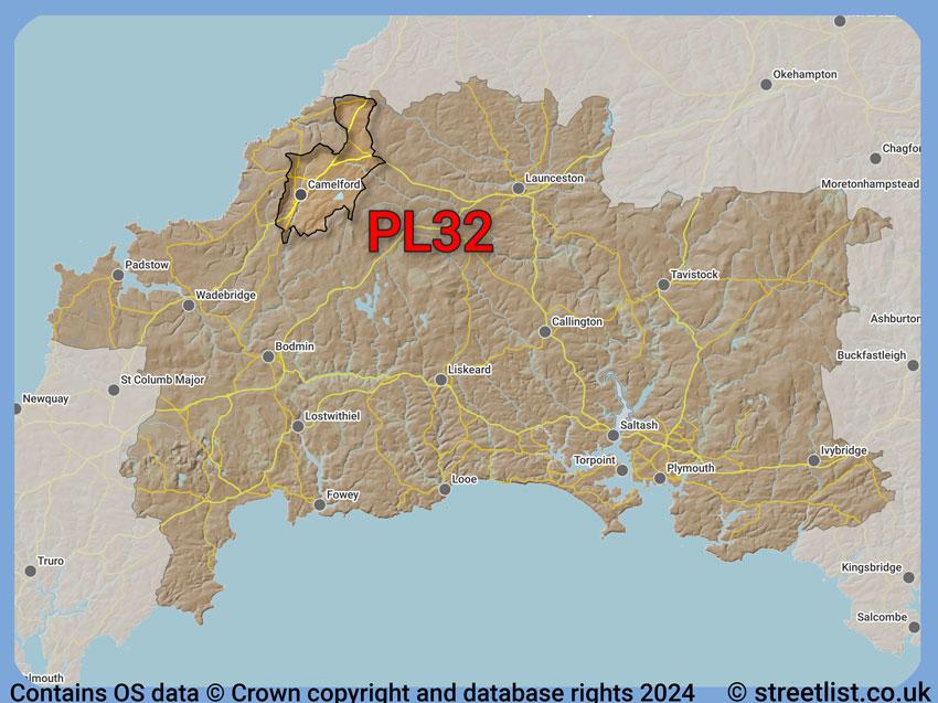 Where the PL32 postcode district lies within the wider  postcode area