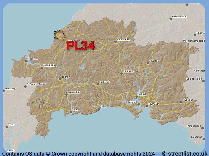 Where the PL34 postcode district lies within the wider  postcode area