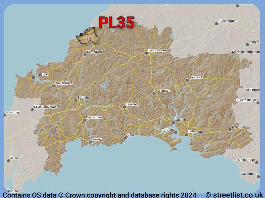 Where the PL35 postcode district lies within the wider  postcode area