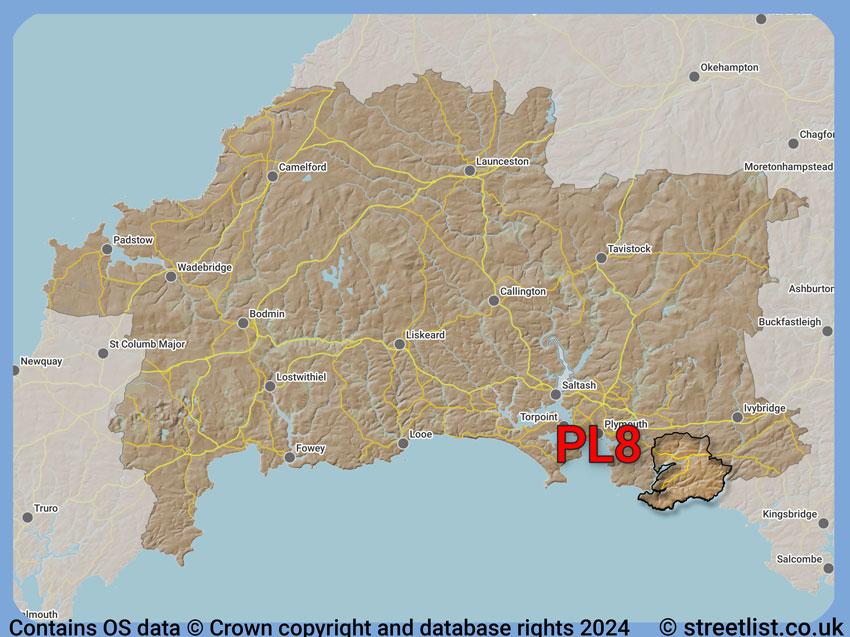 Where the PL8 postcode district lies within the wider  postcode area