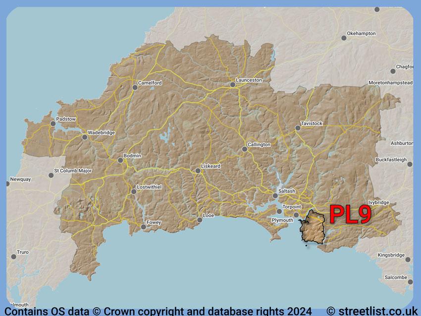 Where the PL9 postcode district lies within the wider  postcode area