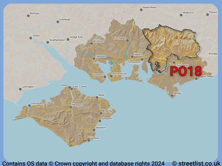 Where the PO18 postcode district lies within the wider  postcode area