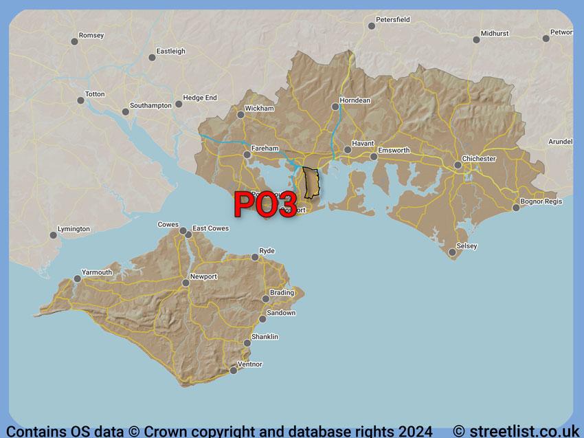 Where the PO3 postcode district lies within the wider  postcode area