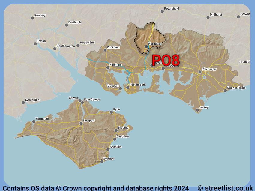 Where the PO8 postcode district lies within the wider  postcode area