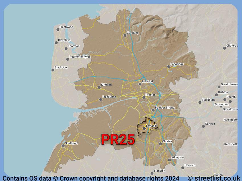 Where the PR25 postcode district lies within the wider  postcode area