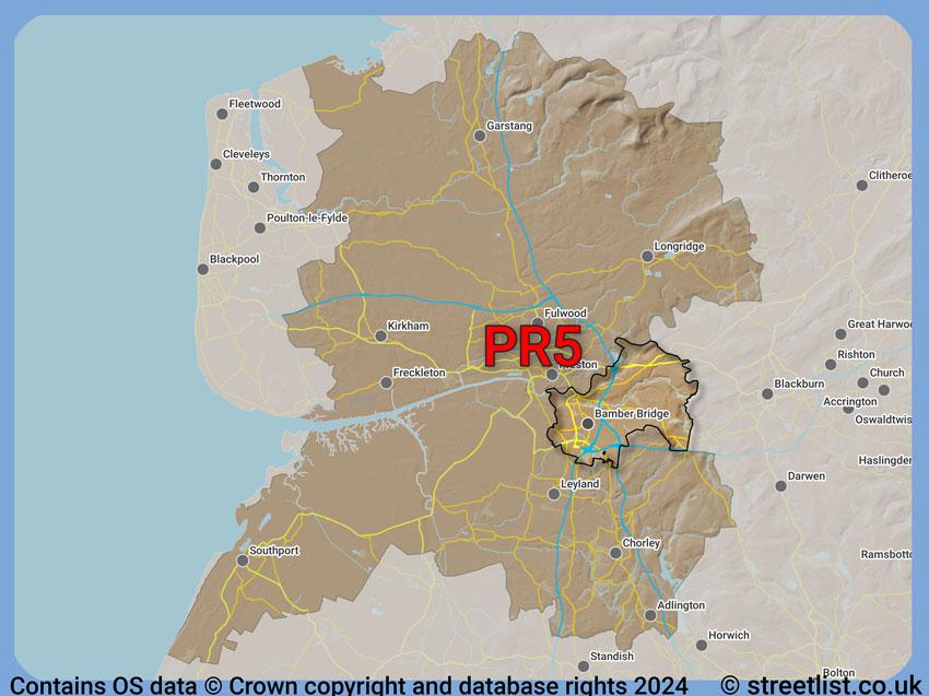 Where the PR5 postcode district lies within the wider  postcode area