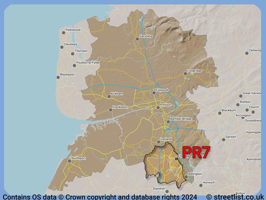 Where the PR7 postcode district lies within the wider  postcode area