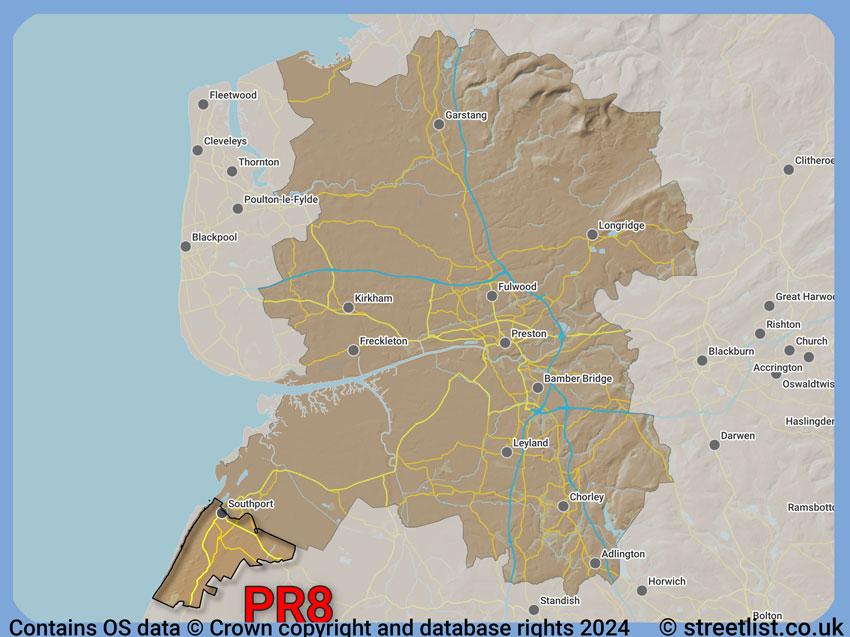 Where the PR8 postcode district lies within the wider  postcode area