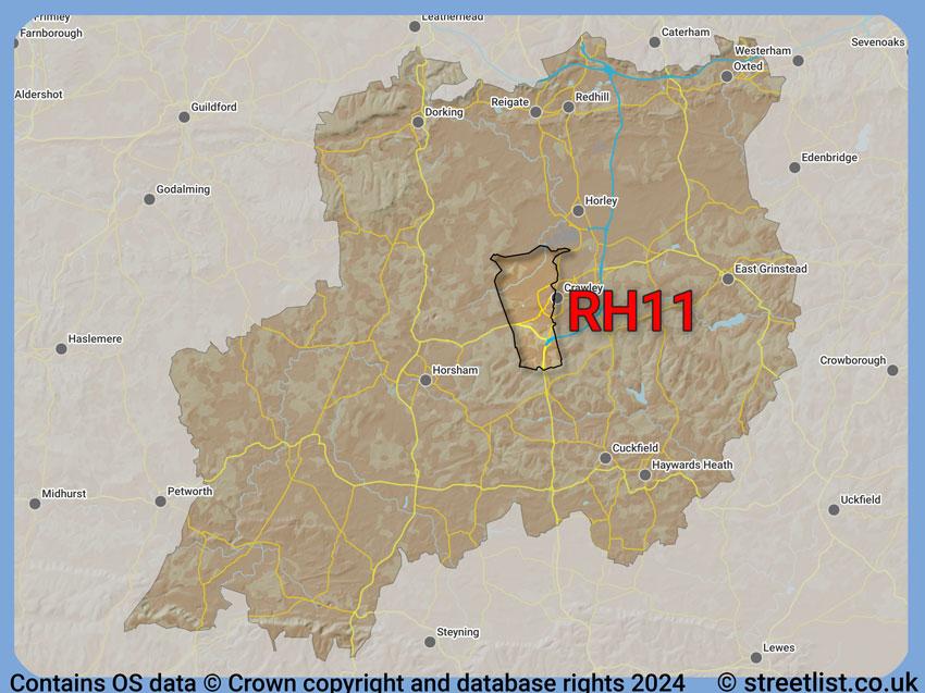 Where the RH11 postcode district lies within the wider  postcode area