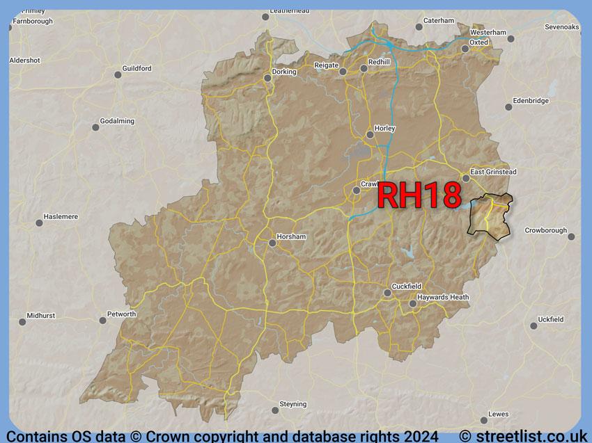 Where the RH18 postcode district lies within the wider  postcode area