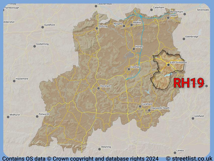 Where the RH19 postcode district lies within the wider  postcode area