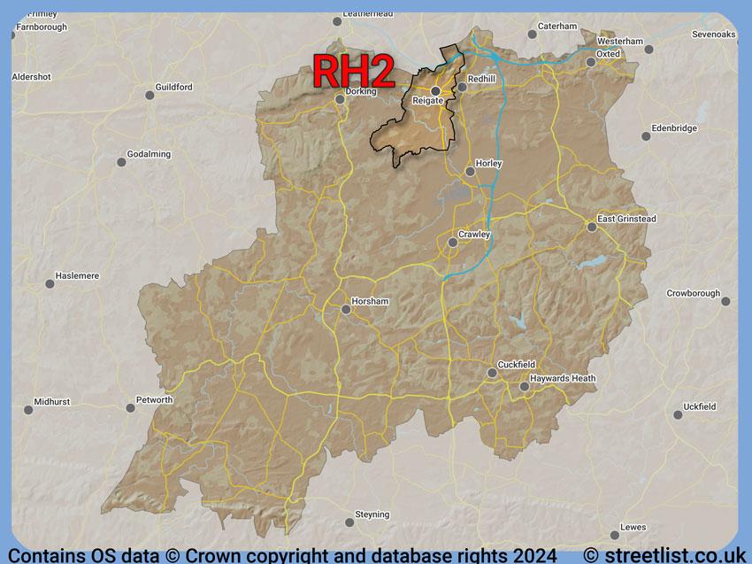 Where the RH2 postcode district lies within the wider  postcode area