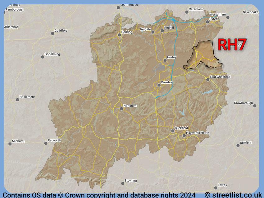 Where the RH7 postcode district lies within the wider  postcode area