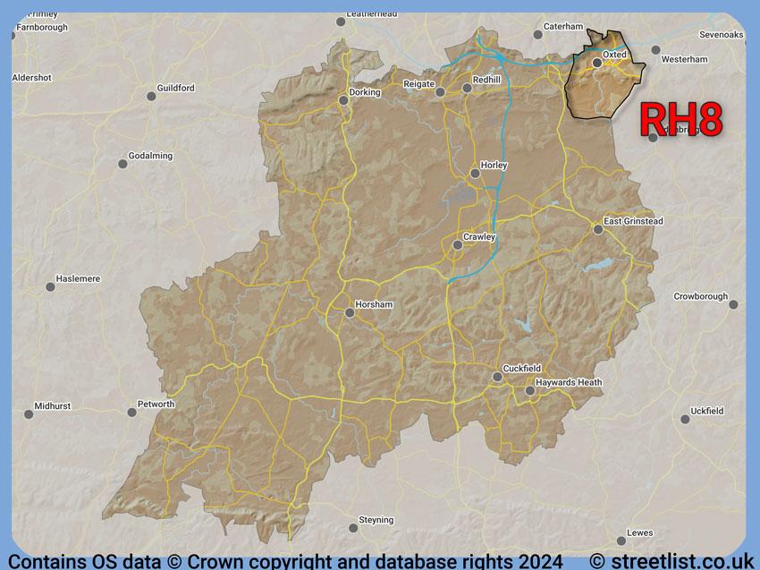 Where the RH8 postcode district lies within the wider  postcode area