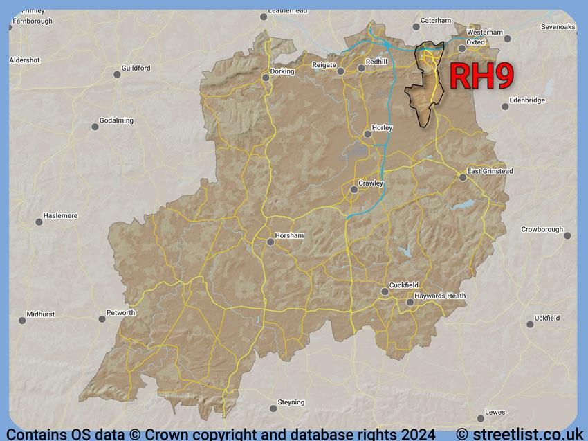 Where the RH9 postcode district lies within the wider  postcode area