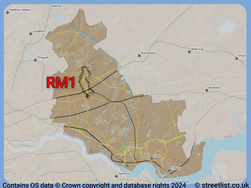 Where the RM1 postcode district lies within the wider  postcode area