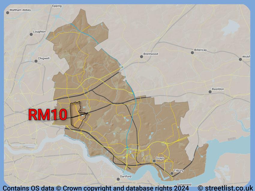 Where the RM10 postcode district lies within the wider  postcode area