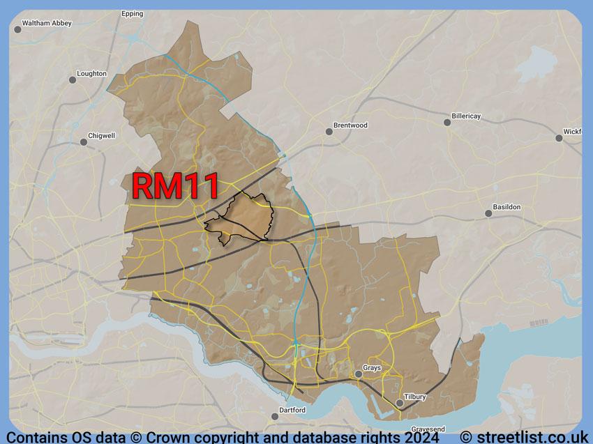 Where the RM11 postcode district lies within the wider  postcode area