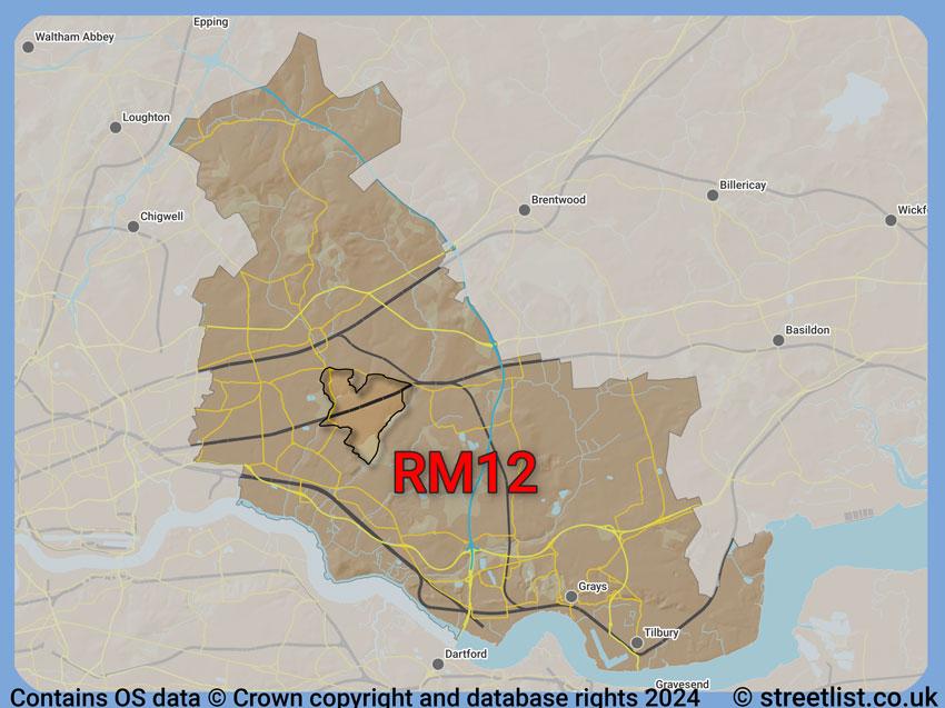 Where the RM12 postcode district lies within the wider  postcode area