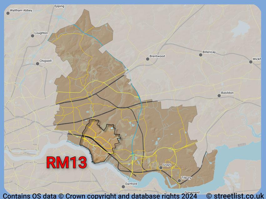 Where the RM13 postcode district lies within the wider  postcode area