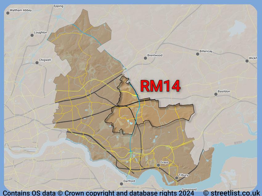 Where the RM14 postcode district lies within the wider  postcode area