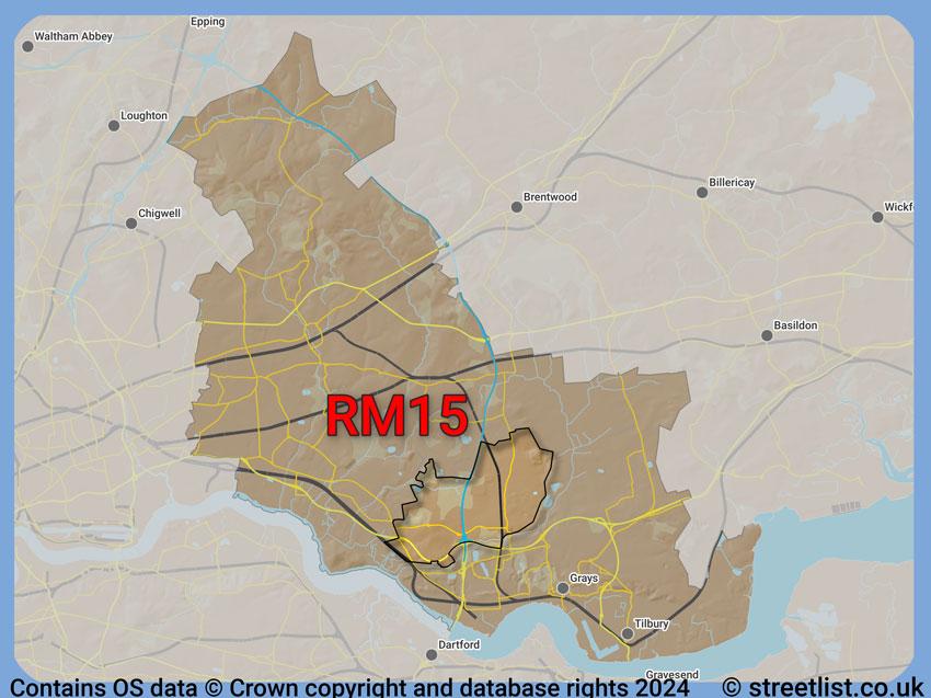 Where the RM15 postcode district lies within the wider  postcode area