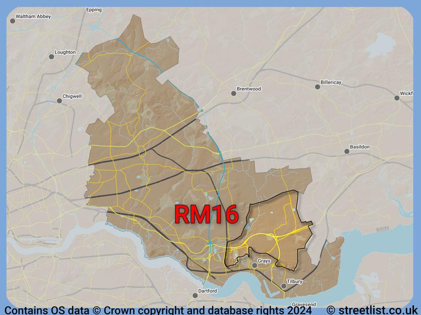 Where the RM16 postcode district lies within the wider  postcode area