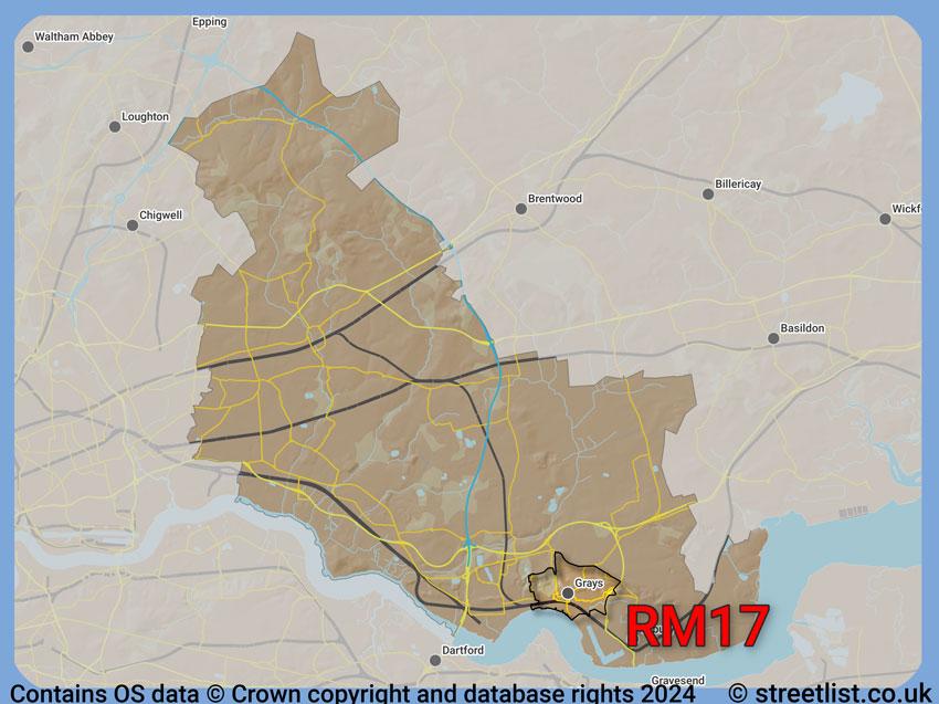 Where the RM17 postcode district lies within the wider  postcode area