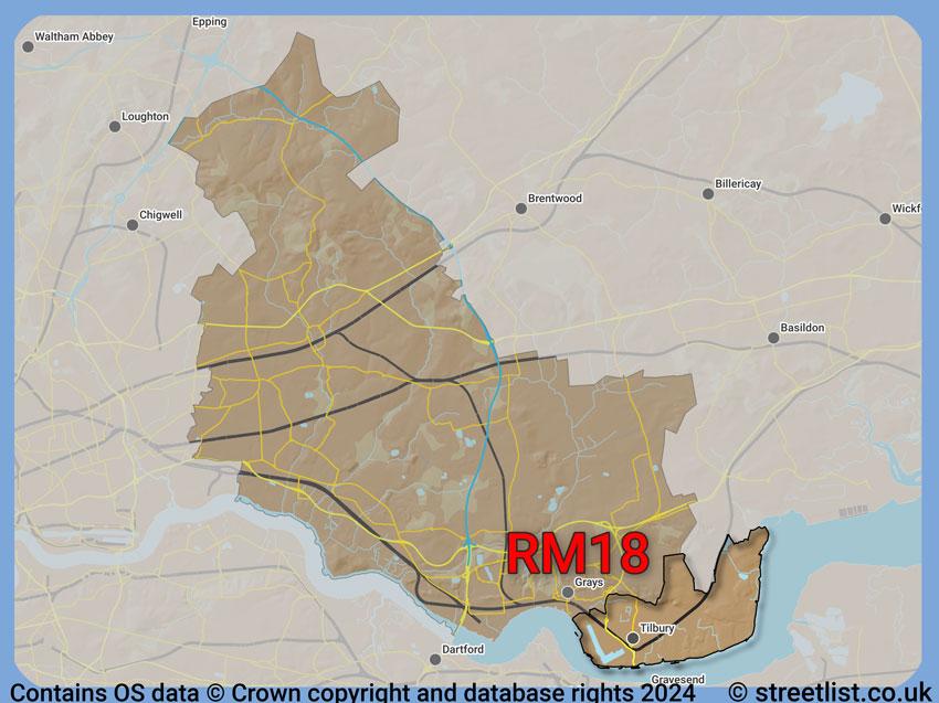 Where the RM18 postcode district lies within the wider  postcode area