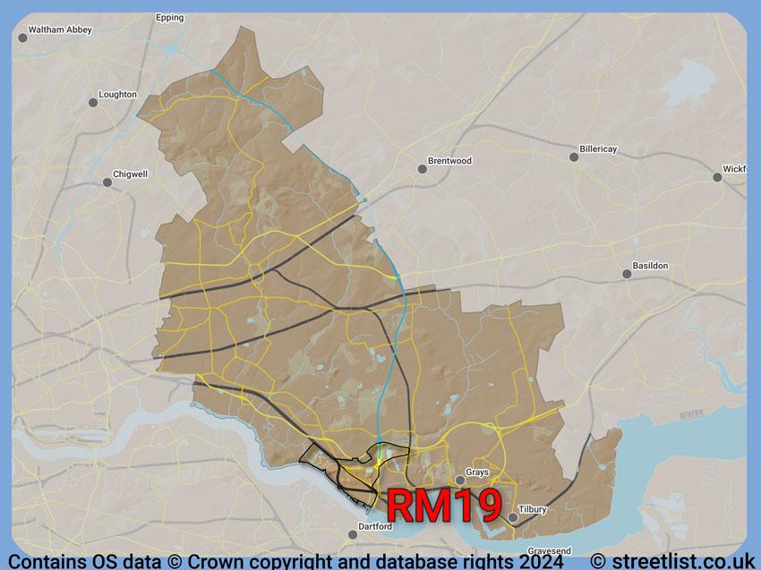 Where the RM19 postcode district lies within the wider  postcode area