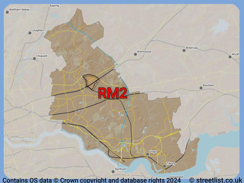 Where the RM2 postcode district lies within the wider  postcode area