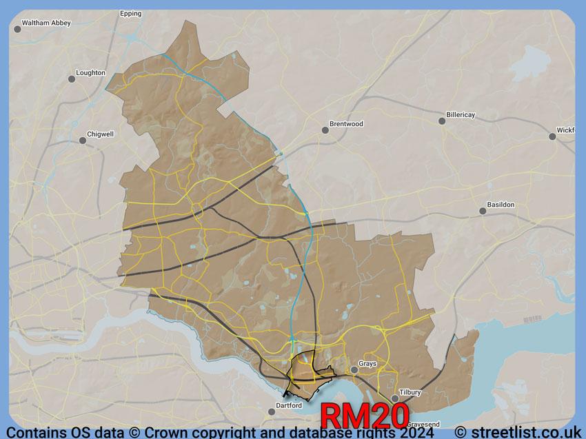 Where the RM20 postcode district lies within the wider  postcode area