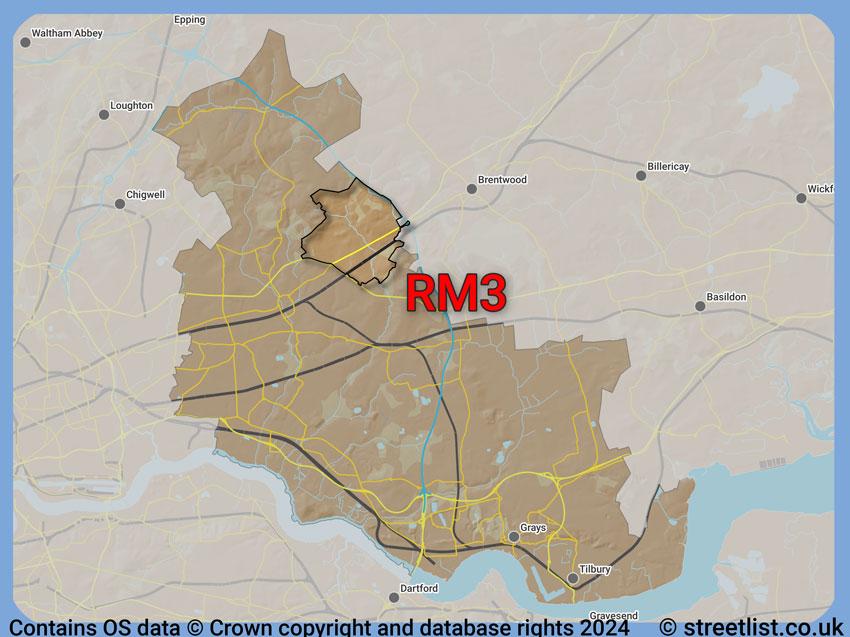 Where the RM3 postcode district lies within the wider  postcode area