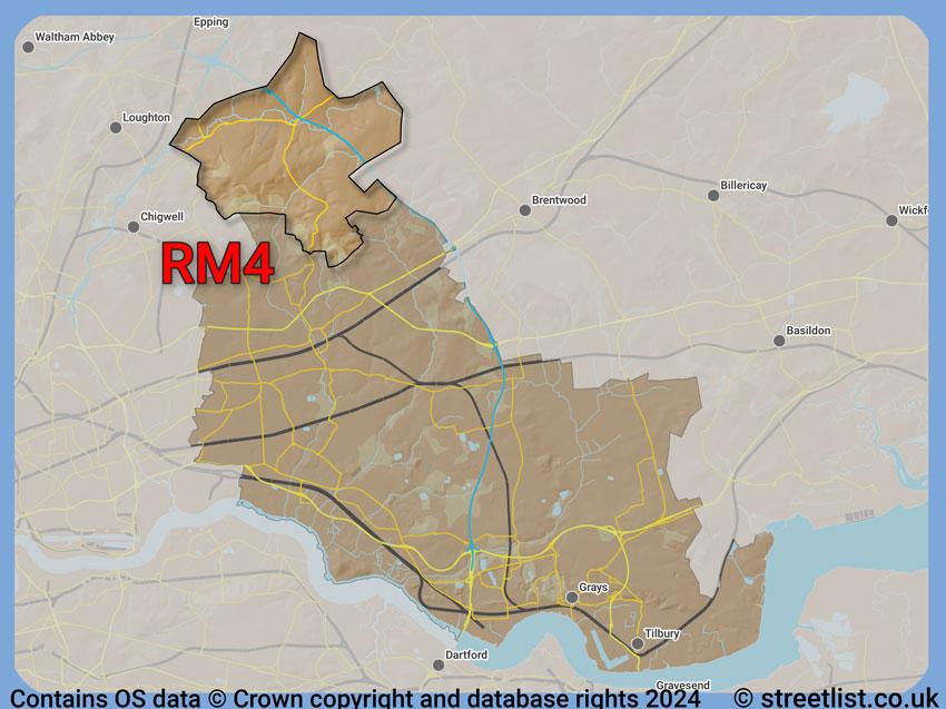 Where the RM4 postcode district lies within the wider  postcode area