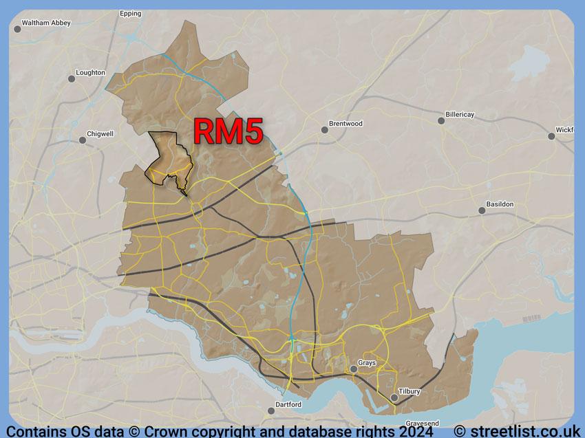 Where the RM5 postcode district lies within the wider  postcode area