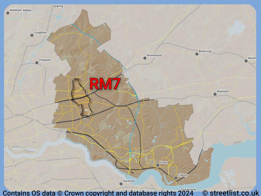 Where the RM7 postcode district lies within the wider  postcode area