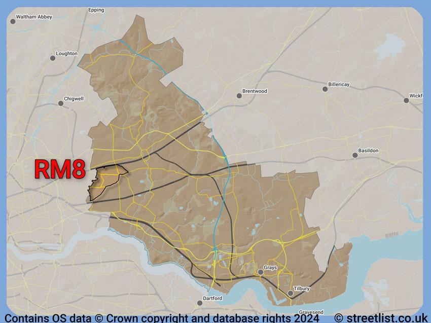 Where the RM8 postcode district lies within the wider  postcode area