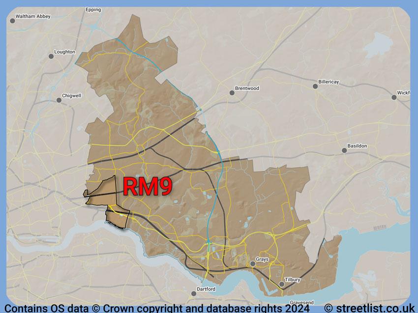 Where the RM9 postcode district lies within the wider  postcode area