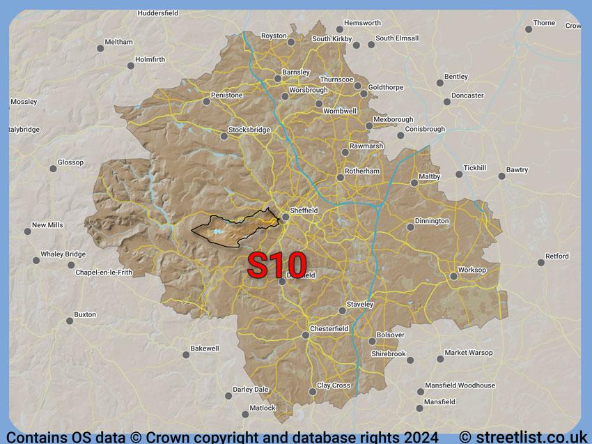 Where the S10 postcode district lies within the wider  postcode area