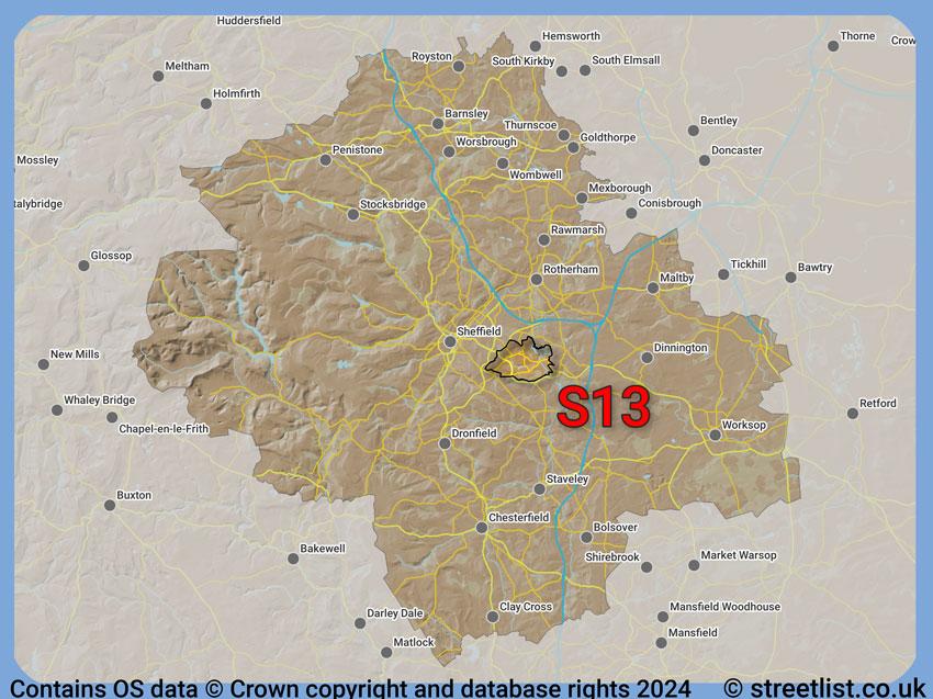 Where the S13 postcode district lies within the wider  postcode area