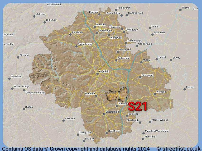 Where the S21 postcode district lies within the wider  postcode area