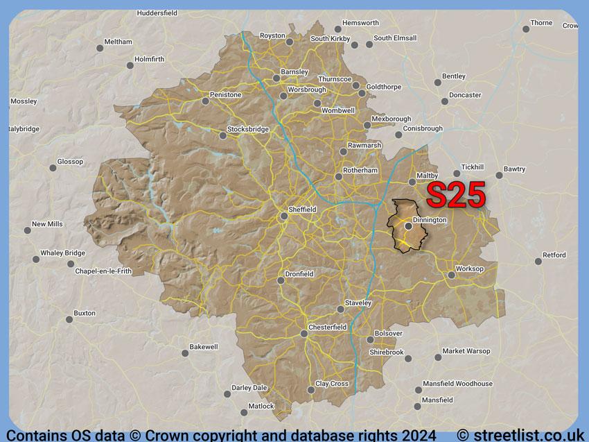 Where the S25 postcode district lies within the wider  postcode area