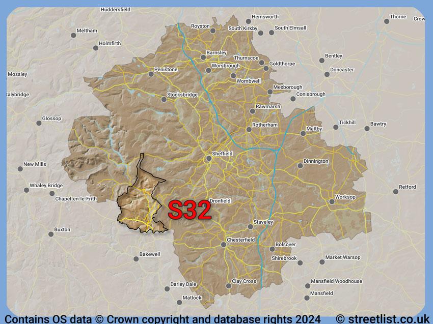 Where the S32 postcode district lies within the wider  postcode area