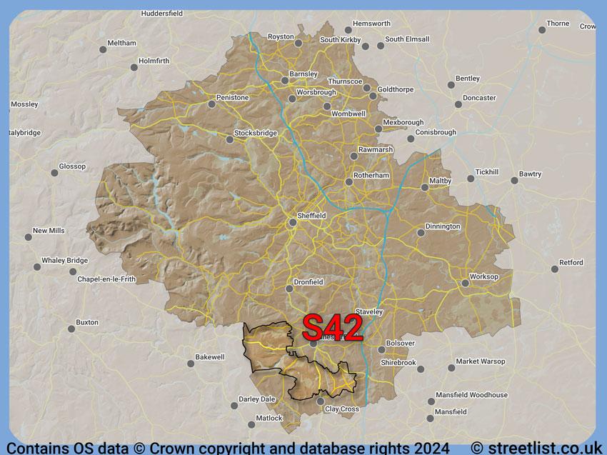 Where the S42 postcode district lies within the wider  postcode area