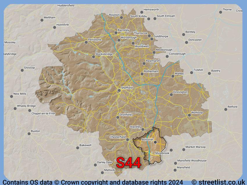 Where the S44 postcode district lies within the wider  postcode area