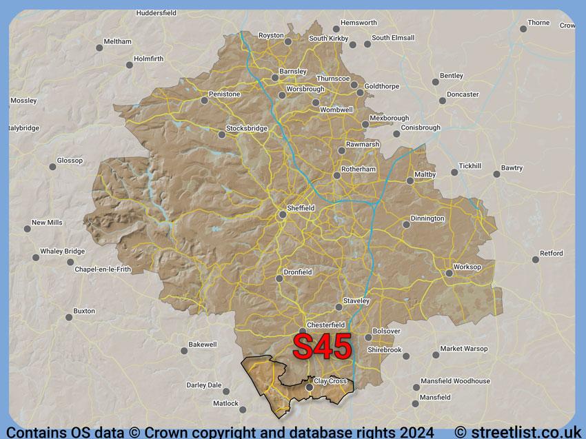 Where the S45 postcode district lies within the wider  postcode area