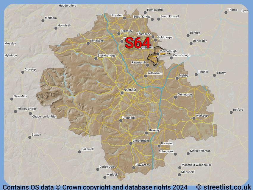 Where the S64 postcode district lies within the wider  postcode area