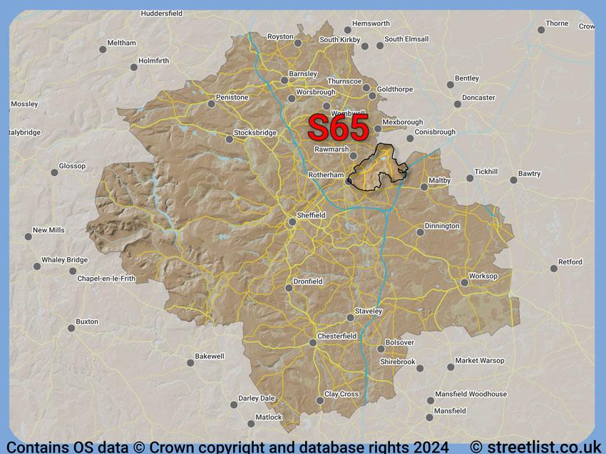 Where the S65 postcode district lies within the wider  postcode area