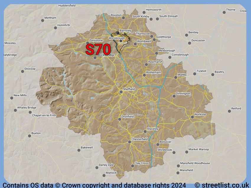 Where the S70 postcode district lies within the wider  postcode area